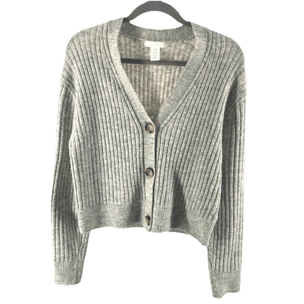 H&M Ribbed Cardigan Sweater Gray V Neck Button Front Cropped Cozy Women’s Small